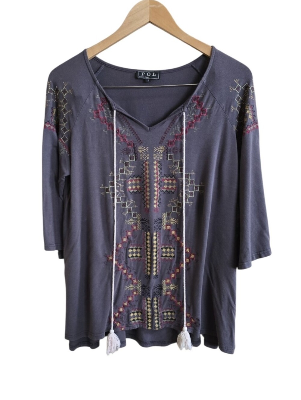 POL Gray Embroidered Southwestern Bell Sleeve Tassel Tunic Blouse. Size Small